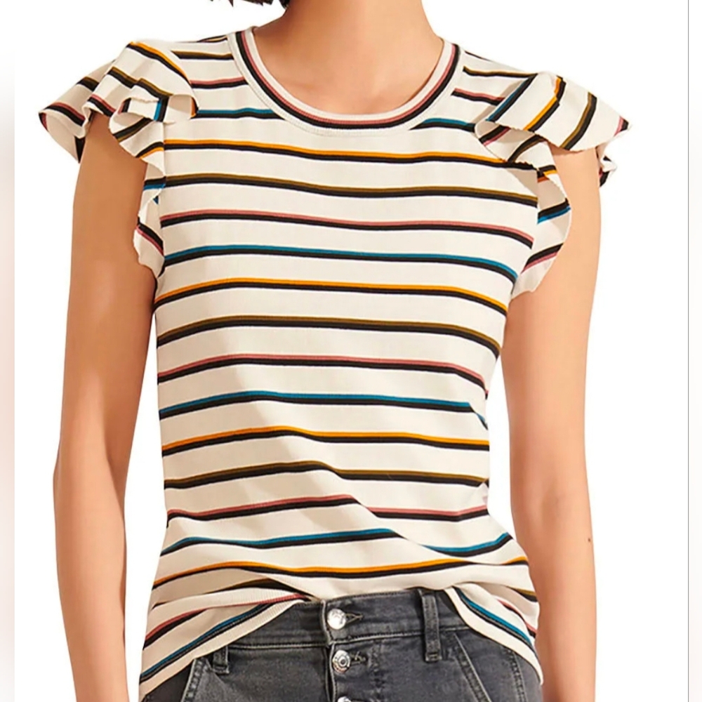 Veronica Beard Jeans Priscilla Striped Ruffle-Sleeve Top, Medium - Picture 7 of 7